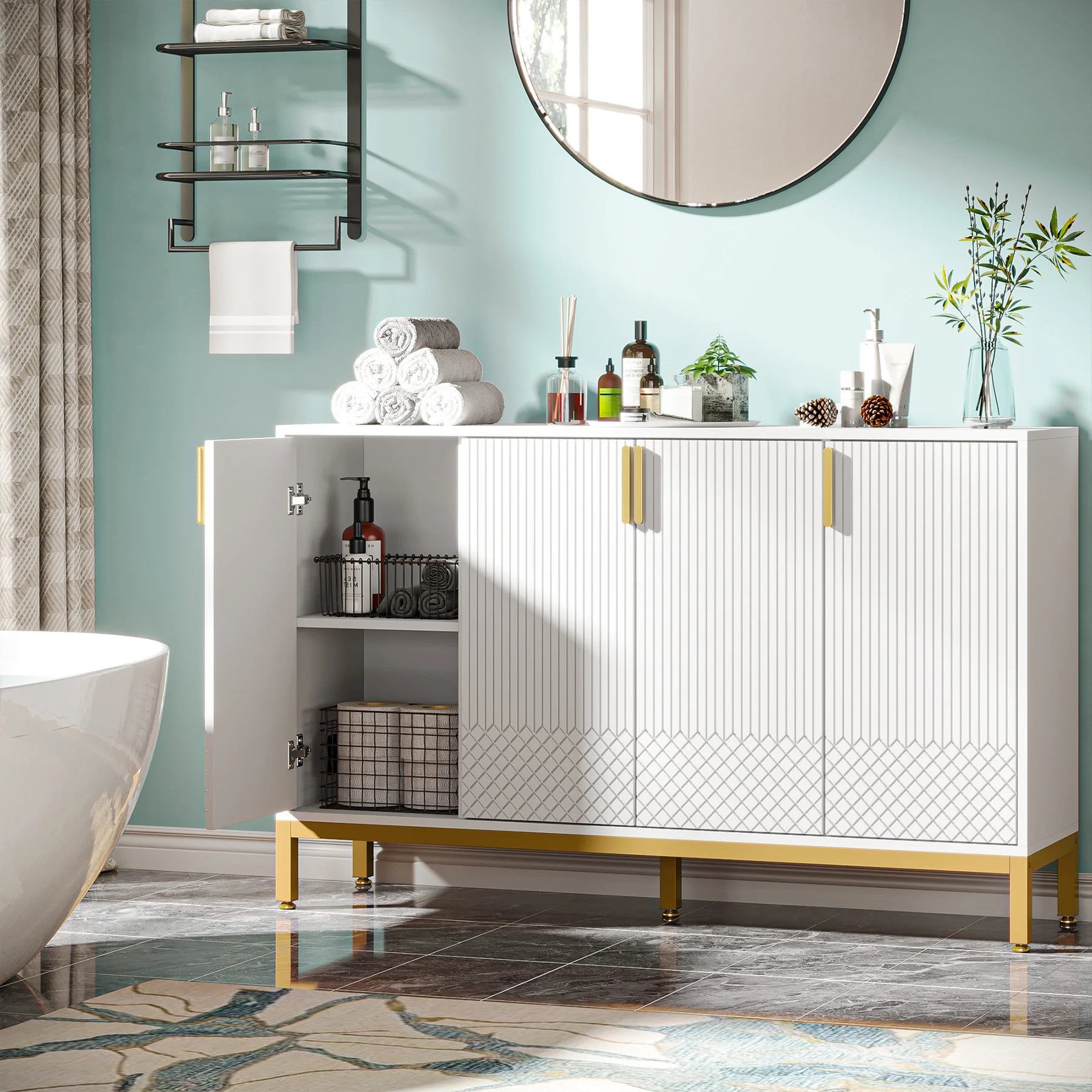 Tribesigns Modern Storage Cabinet, 59 Inch Console Cabinet Sideboard Buffet Cabinet with 4 Doors & Gold Metal Base