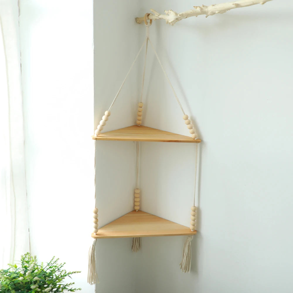 Macrame Hanging Shelf Wall Decor Handmade Rope Rustic Wood Floating Wall Shelf Display Stand Corner Wall Shelf For Photos Plant