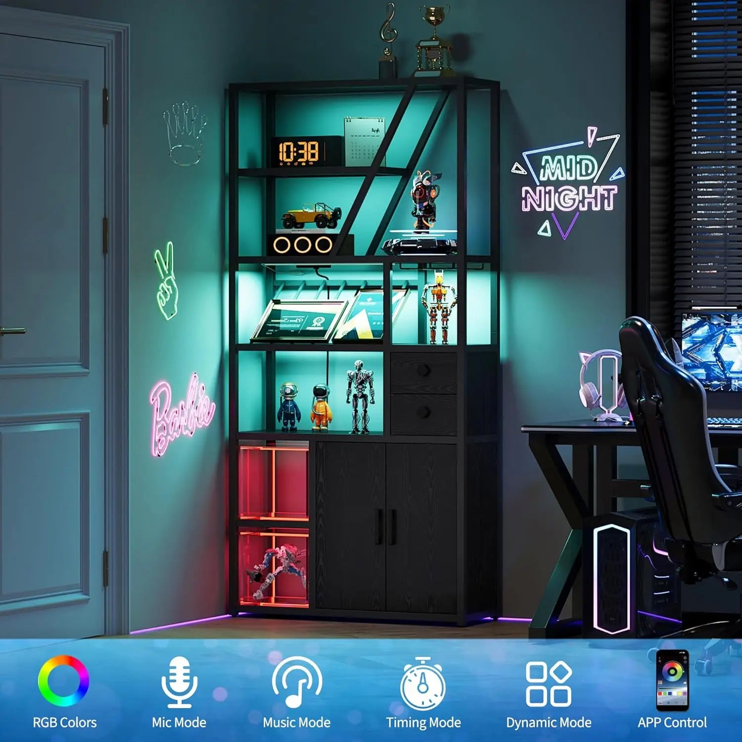 Freestanding Bar Cabinet – Wine Rack Liquor Stand with Glass Holder & LED Lights