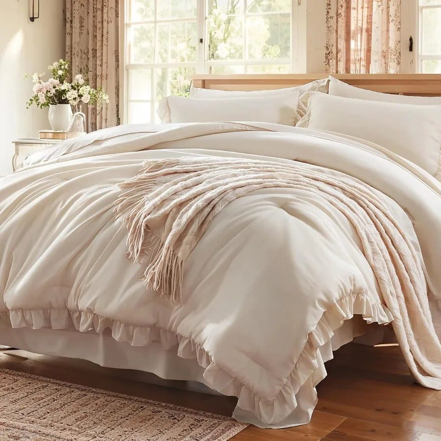 Queen Comforter Set 7 Piece Beige Bed in a Bag with Sheets All Season Ruffle Shabby Chic Bedding Sets with 1 Comforter 2 Pillow