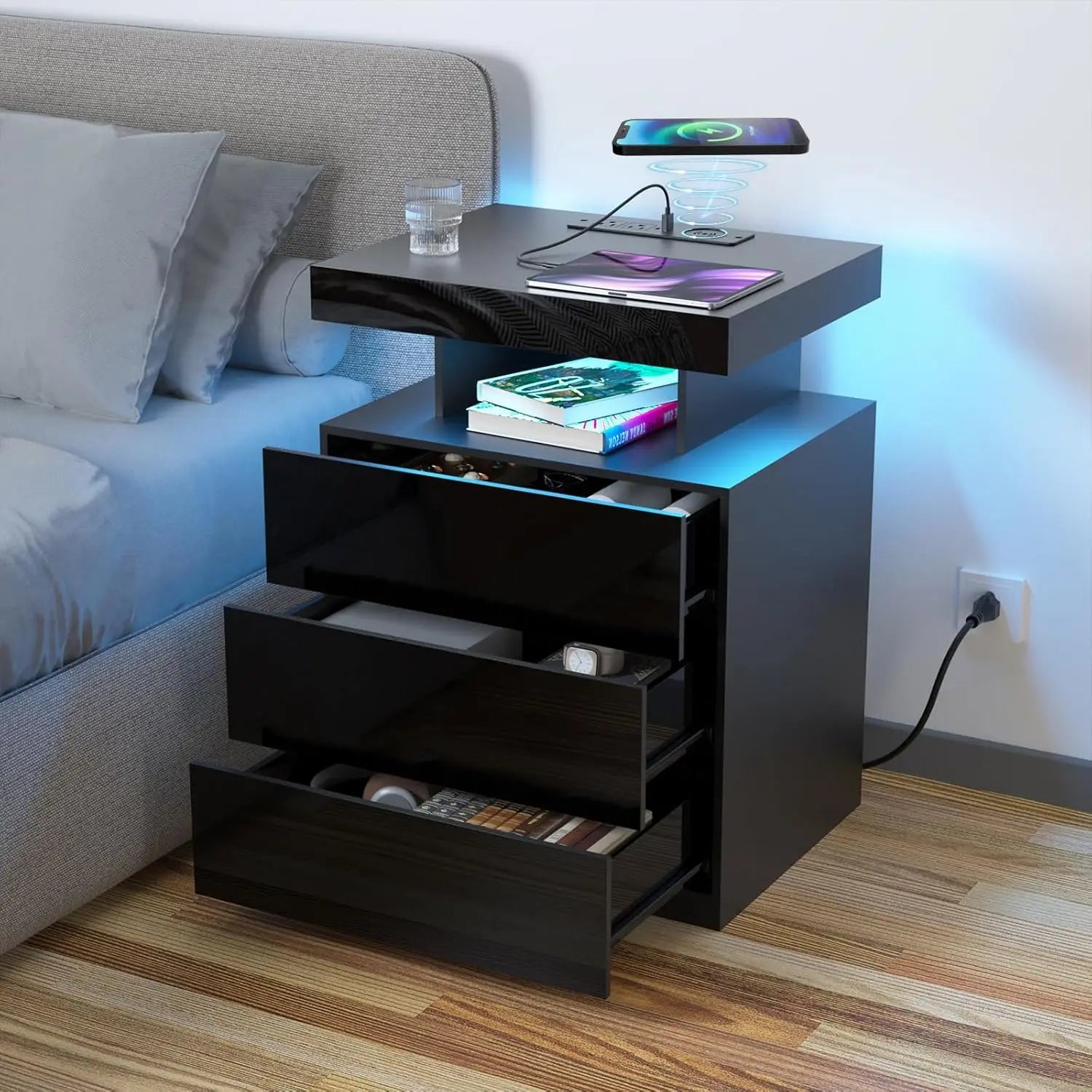 LED Nightstand with Wireless Charging & USB Ports, 3-Drawer Smart Bedside Table, RGB Adjustable Light, Black