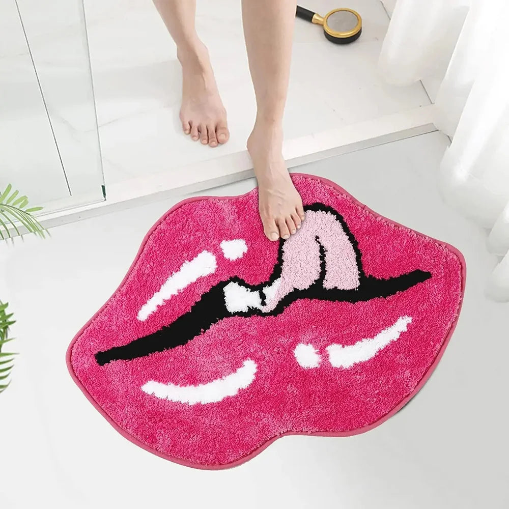 Red Lips Print Faux Wool Rug - Non-Slip Entryway Doormat, Bathroom & Windowsill Carpet, Durable Washable Home Decor