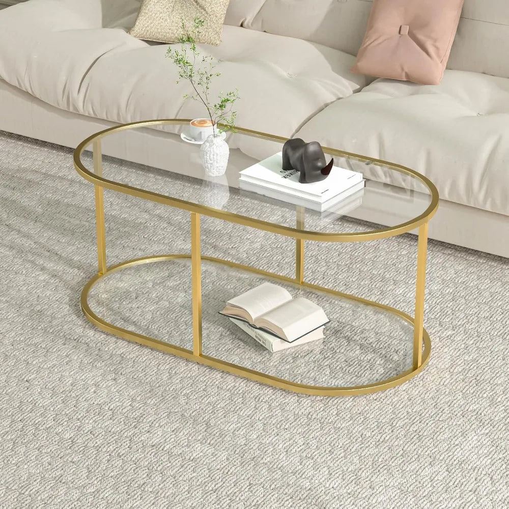 Gold Glass Coffee Table – Oval 2-Tier Center Table with Sturdy Metal Frame