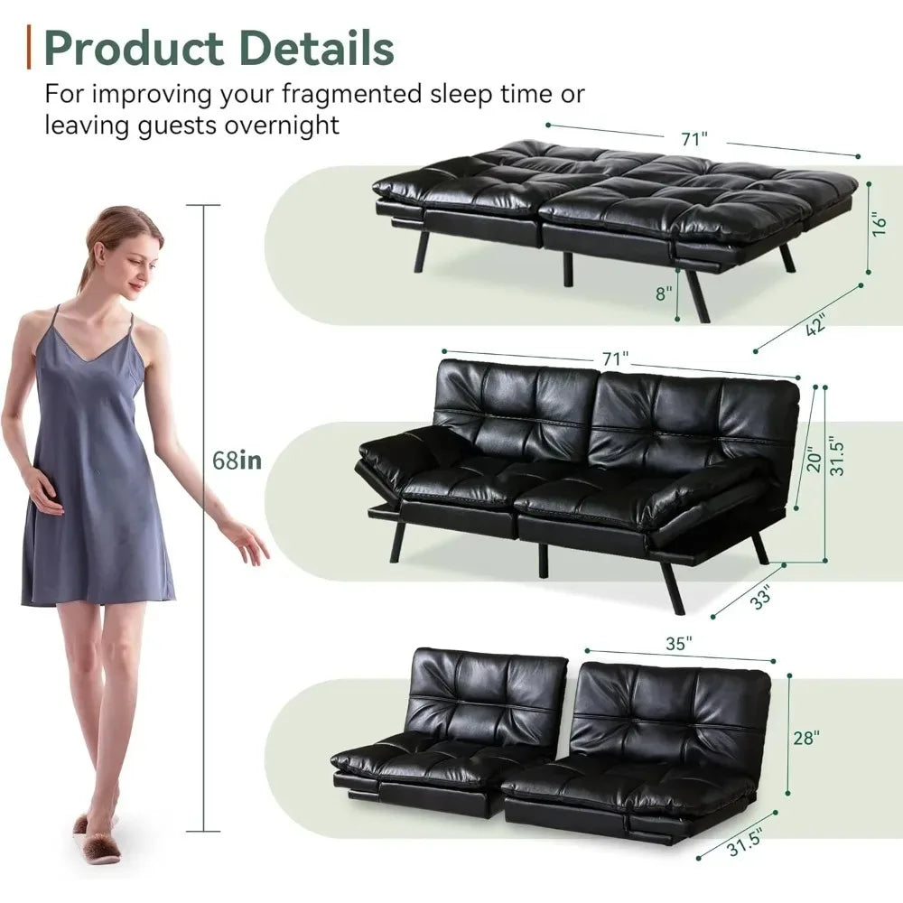 71" L Covertible Futon Sofa Bed,Faux Leather Futon Couch, Memory Foam Modern Loveseat Sleeper, Small Splitback Sofa Couch