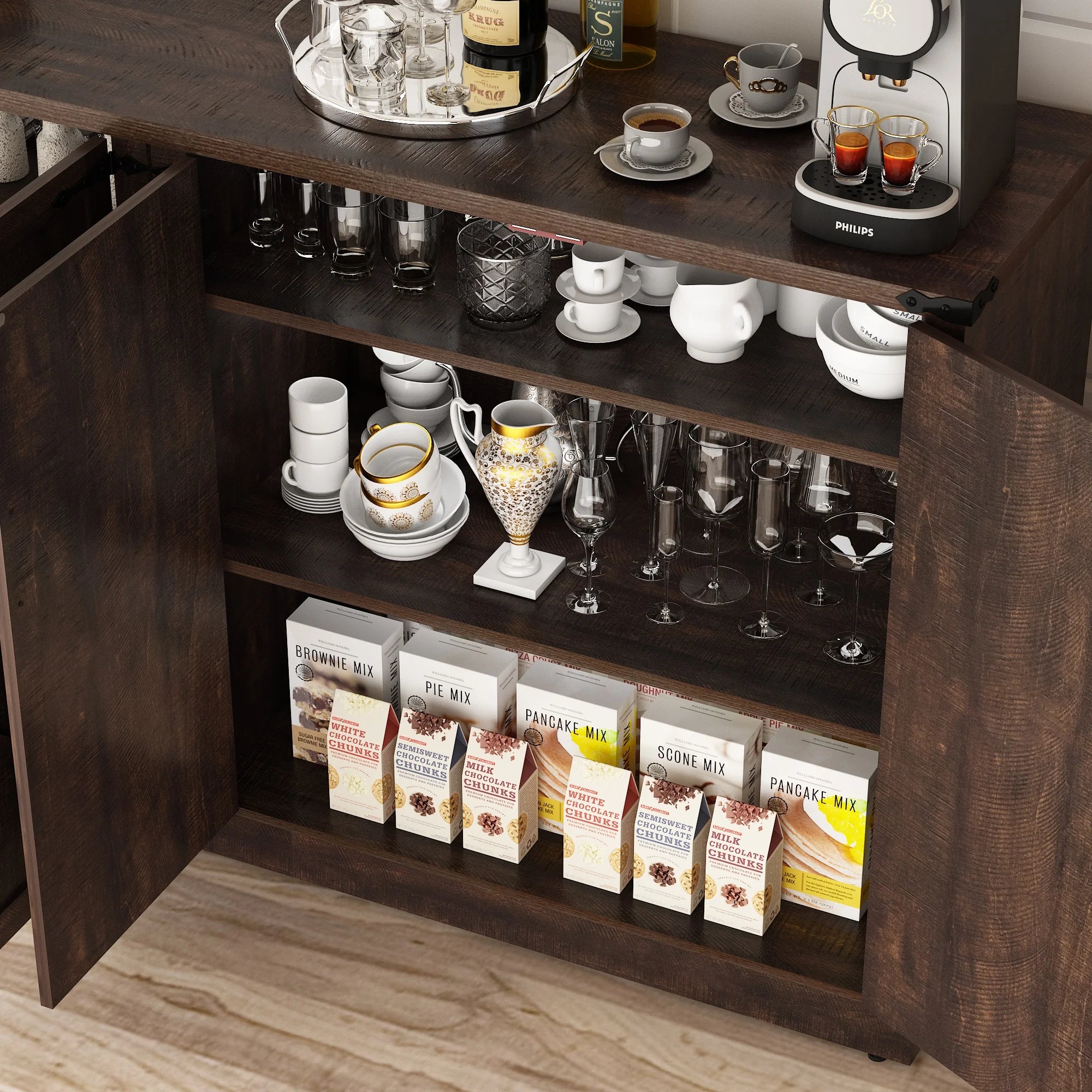 Buffet Cabinet Coffee Bar Cabinet with Drawers & Doors Farmhouse Kitchen Buffet Sideboard Cabinet for Living Room Kitchen