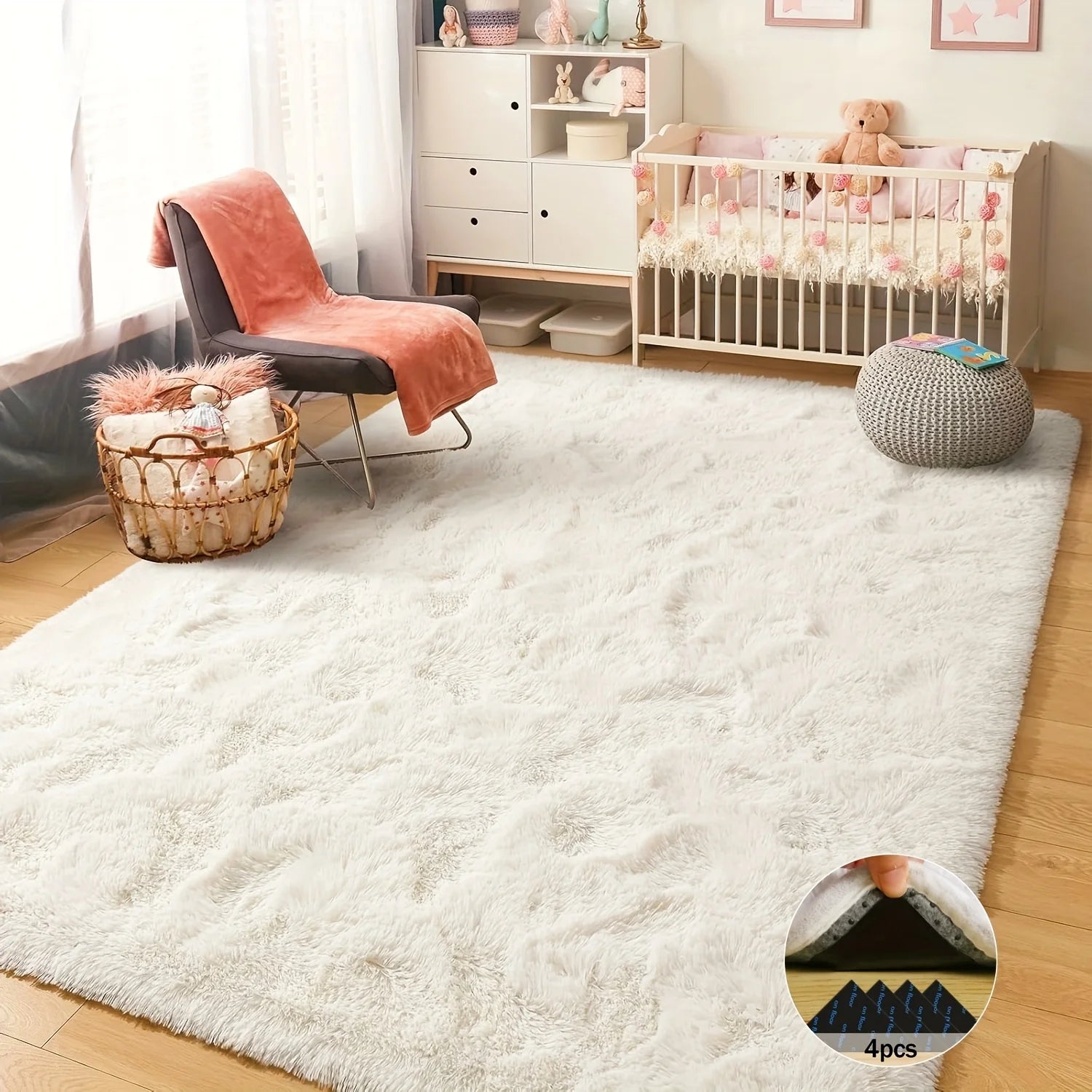 Off-White Soft Shaggy Non-Slip Rugs for Living Room/Bedroom/Nursery – Luxury Plush Carpet with 4 Rug Stickers, Ideal Room Decor