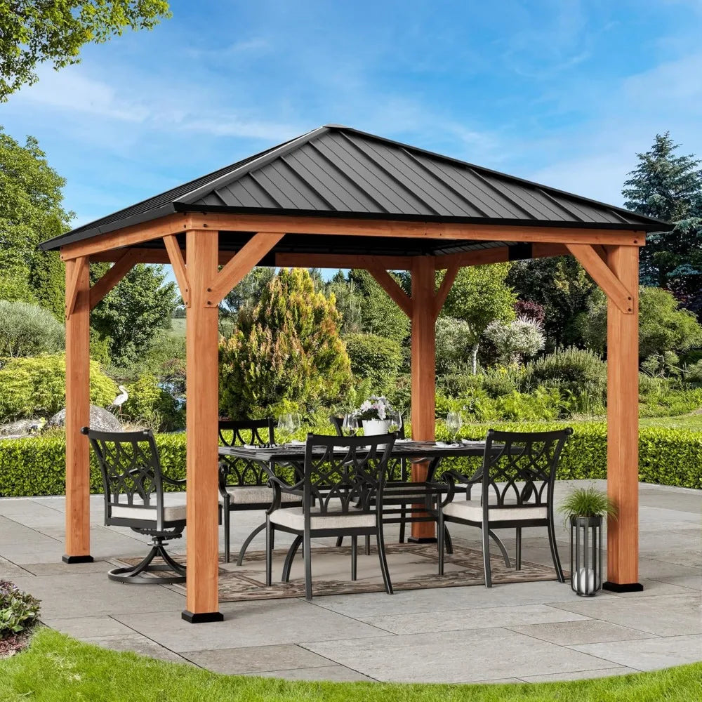 Modern Shade Tranquil Grove Wood Gazebo 10' x 10', Permanent Grill Gazebo with Galvanized Steel Hardtop Roof, Cedar Framed