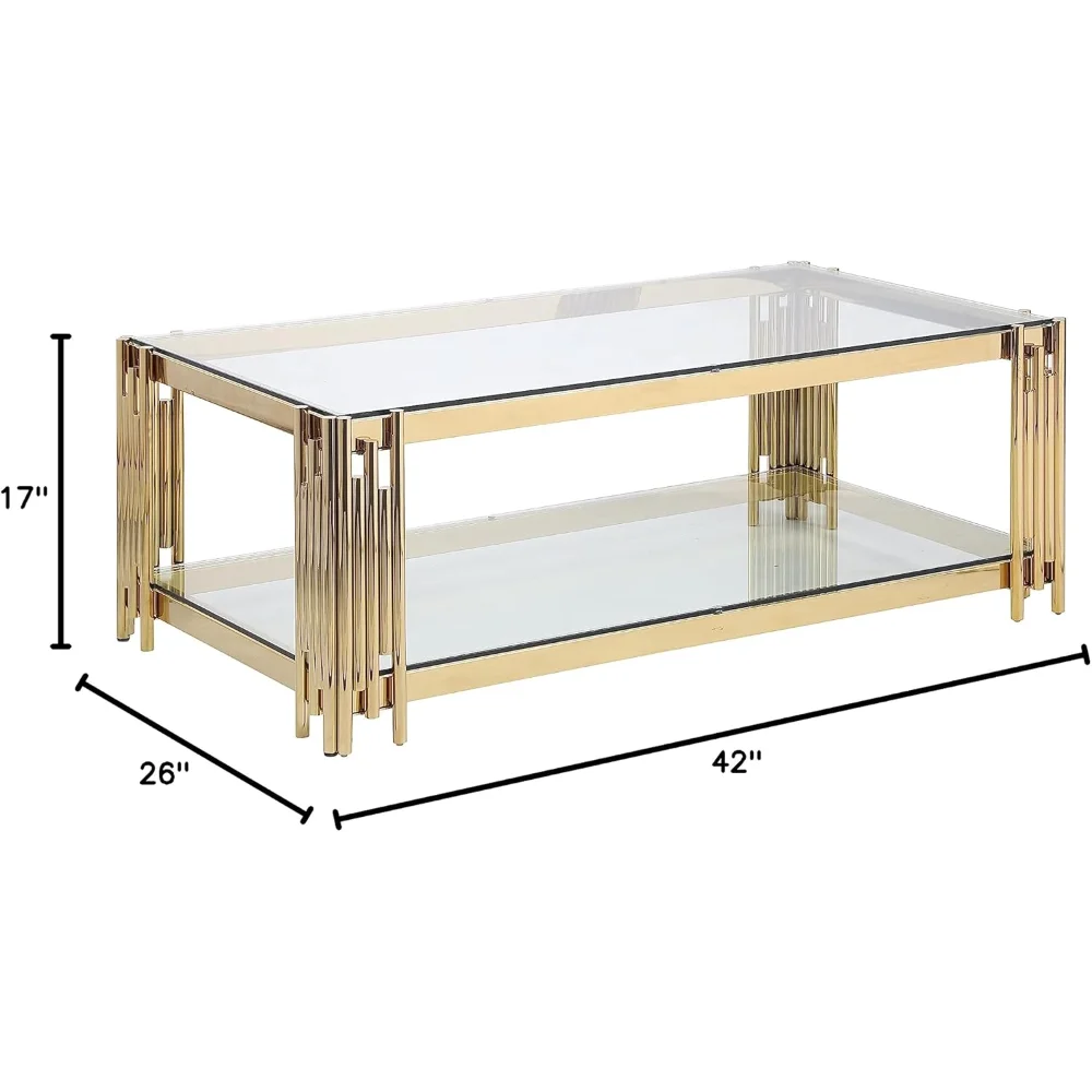 48” Gold & Glass Rectangular Coffee Table – Modern Center Table with Stainless Steel Legs