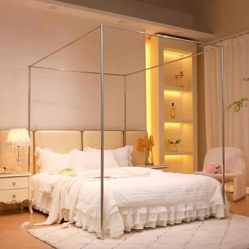 Queen Size Canopy Bed Frame with Stainless Steel Poles – Easy Assembly Bedroom Decor