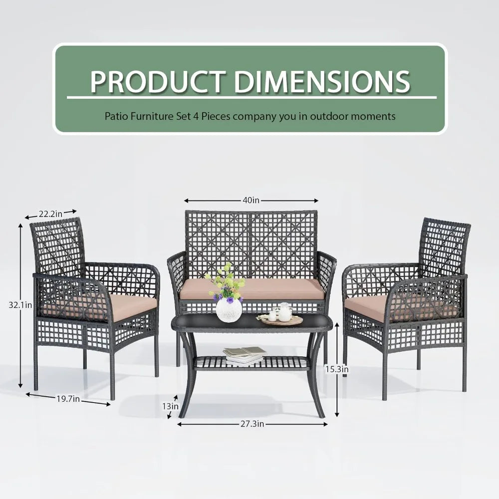 4-Piece Patio Furniture Set, Weather-Resistant Rattan Patio Conversation Set with Two-Tier Coffee Table, Upholstered Openwork Wi