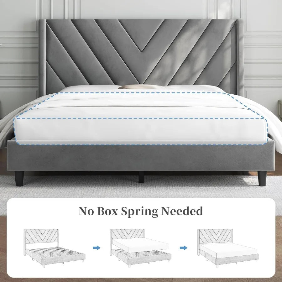 Light Gray Queen Upholstered Platform Bed Frame – Wing Side Tufted Headboard