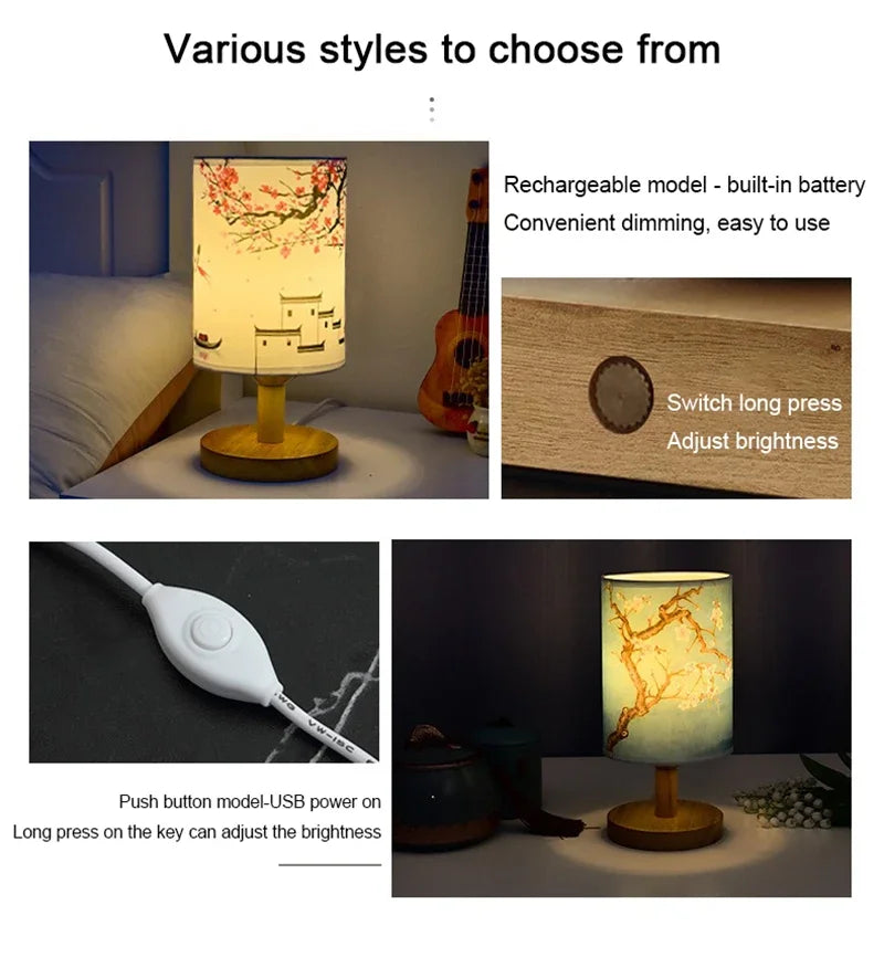 LED Table Lamps Decoration Plum Blossom Desk Dimmable EU Plug Night Light Chinese Style Fabric Simple  Bedroom Bedside Lights