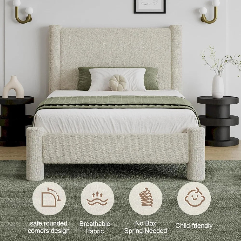 Twin Size Bouclé Upholstered Platform Bed Frame with Headboard & Footboard – Soft Rounded Corners