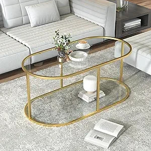 Gold Glass Coffee Table – Oval 2-Tier Center Table with Sturdy Metal Frame