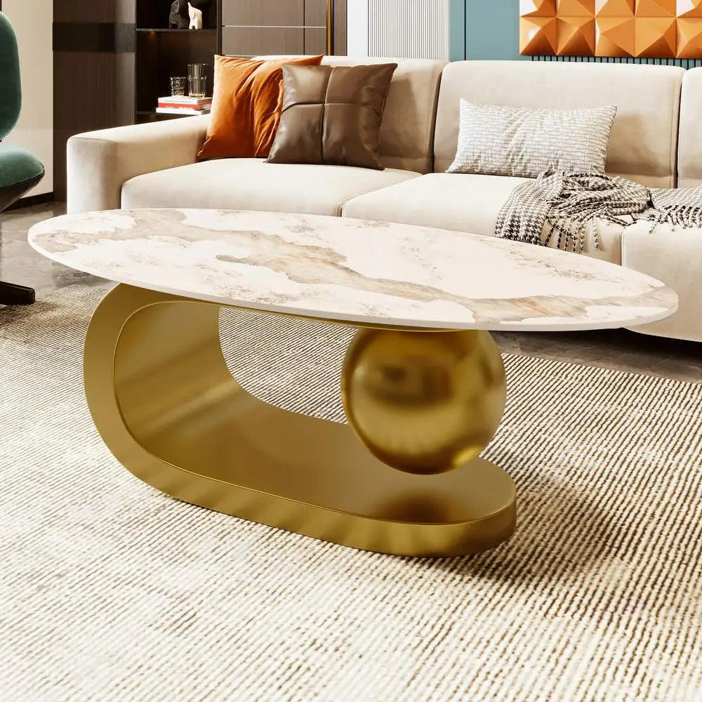 Modern Oval Sintered Stone Coffee Table with White Marble Pattern & Gold Stainless Steel Base – 47.2”
