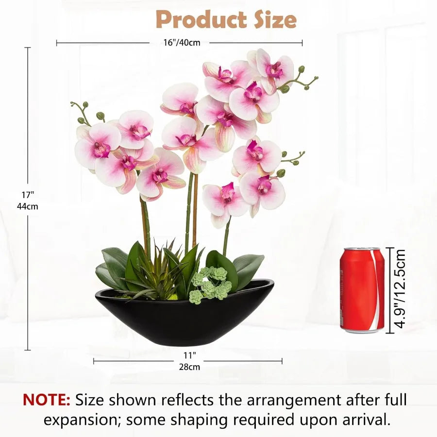 17inch Pink Orchid Fake Flowers with Black Pot Artificial Silk Orchid Arrangement for Home Office Bathroom Table Centerpiece Mo