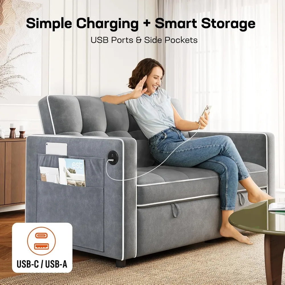 Amada 3 in 1 Convertible Sleeper Sofa Bed, Futon Couches for Living Room with USB Ports & Side Pockets, Adjustable Backrest, Vel