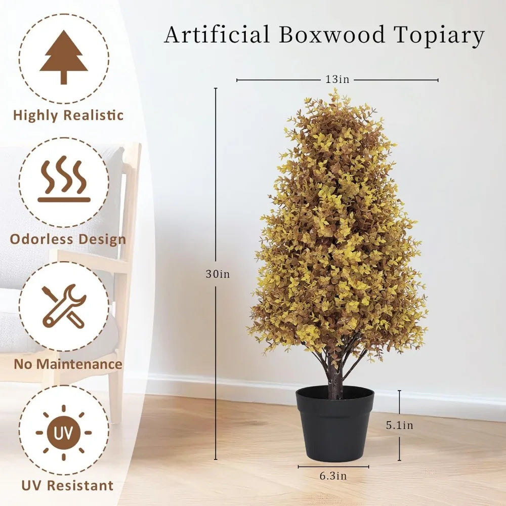 Artificial Outdoor Boxwood Plants Set of 2, UV-Resistant Fall Topiary Trees, Realistic Fake Bushes for Outdoor, Potted Faux Shru