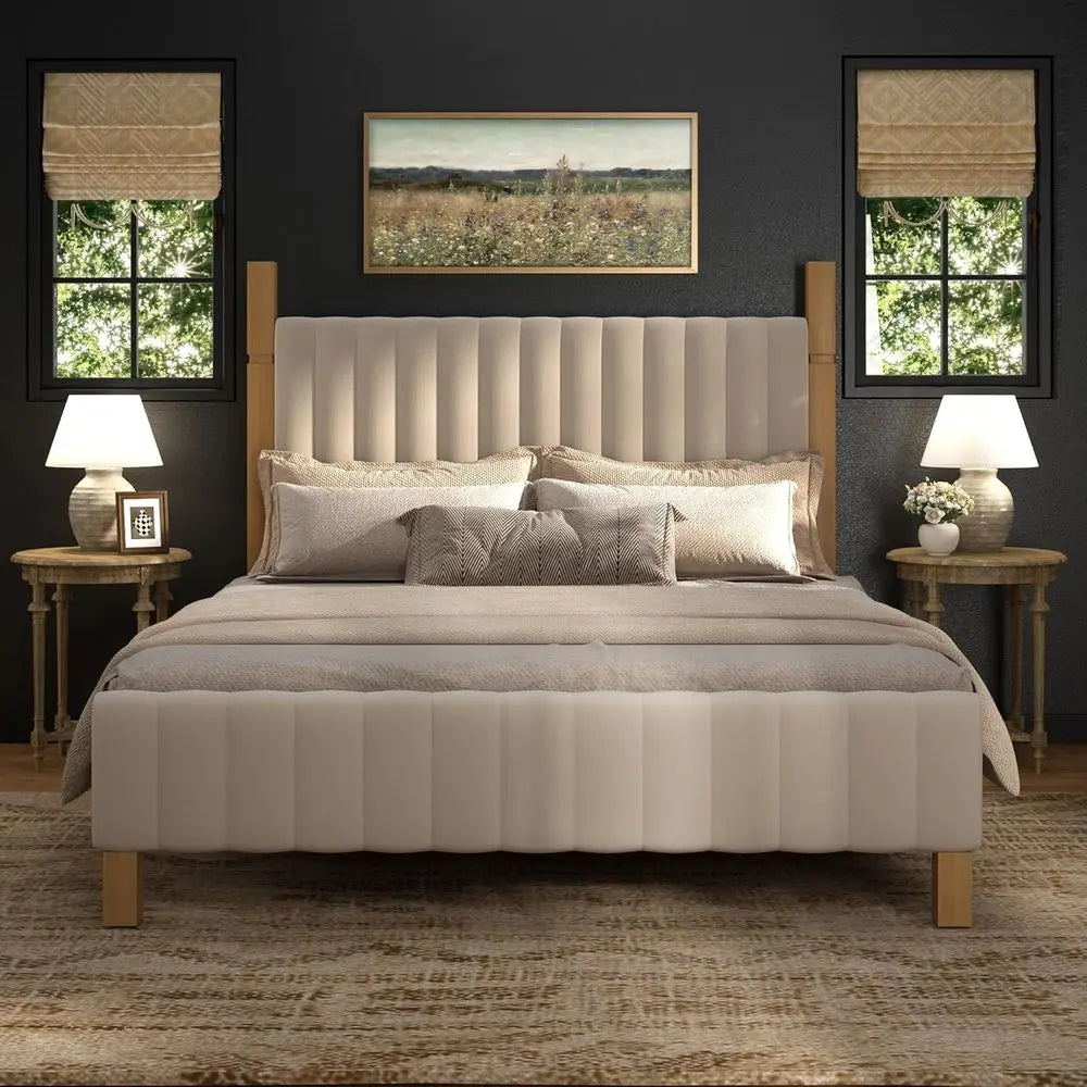 Queen Size Solid Wood Bed Frame with Upholstered Headboard – Beige Linen Platform Bed