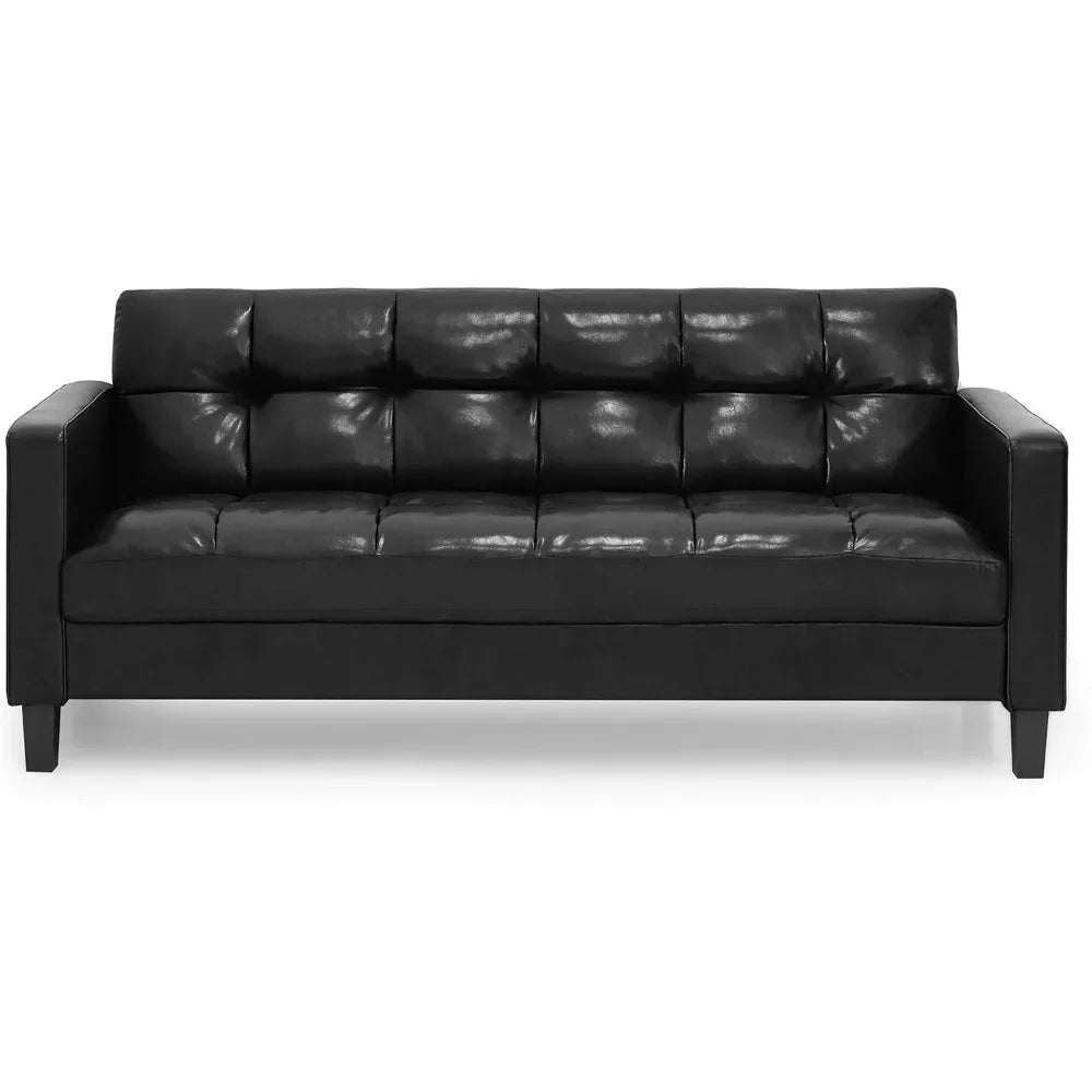 Black Contemporary Tufted Faux Leather Sofa Couch - Living Room Furniture with Sleek Design