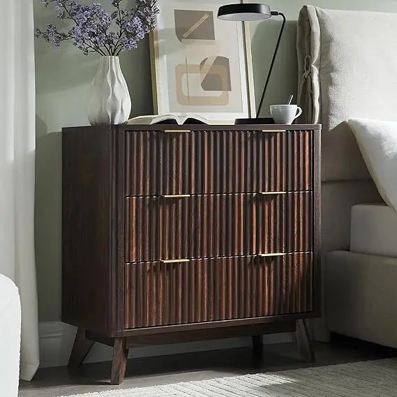 32" tall fluted nightstand, modern side table, 3 drawers end table w/storage, bedside table for bedroom, living room, curved pr