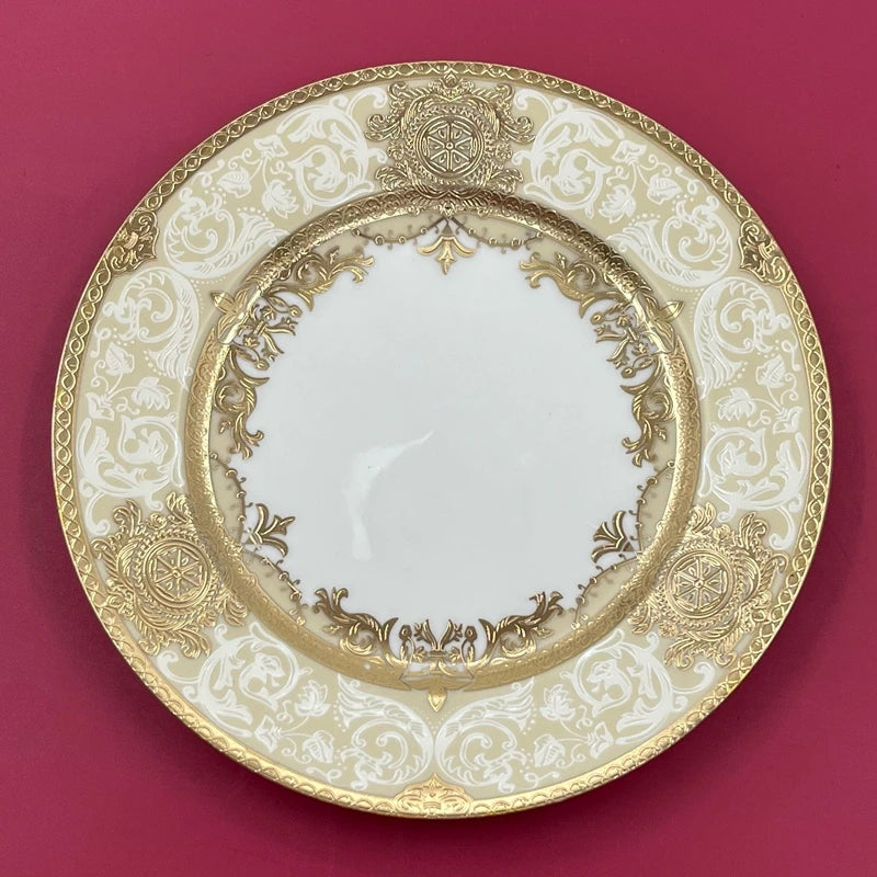 7″ Embossed Disc Bone Plate with Gold Edge – Light Luxury Dinner & Dessert Plate