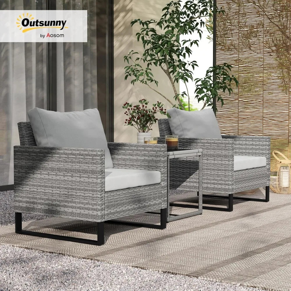 3 Pieces Patio Furniture Set, Wicker Conversation Bistro Set with 4 Soft Cushions, Rattan Chairs and Glass Coffee Table