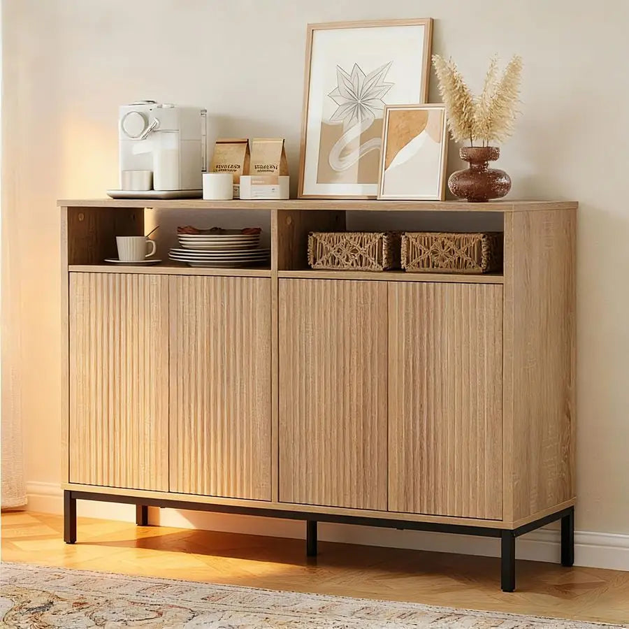 Fluted Sideboard Buffet Cabinet with Storage, Coffee Bar Console Cabinet with 4 Doors and Adjustable Shelves, Modern Wood Creden