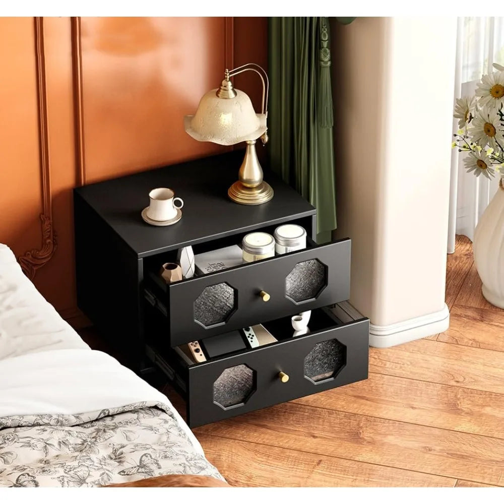 Mid-Century Style Black Wood Nightstand with Two Drawers, Compact Accent Table for Bedroom Use