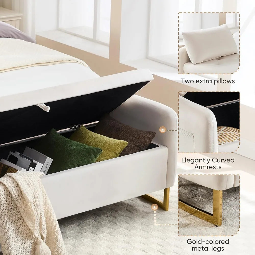King Size Storage Ottoman Bench – Tufted Upholstery with Gold Legs