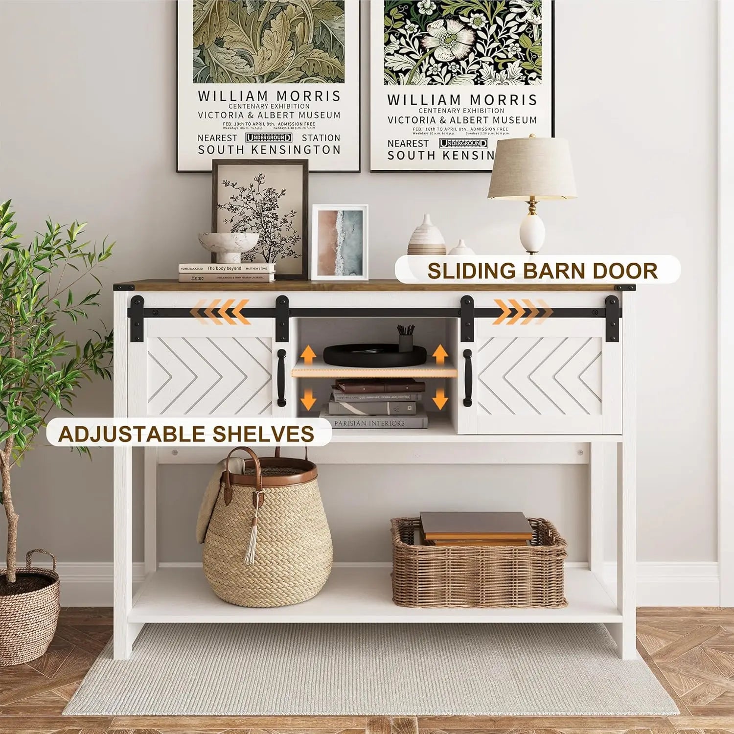 46' Modern Farmhouse Console Table with Sliding Barn Door, Wood Entryway Table with Storage, White & Rustic Oak