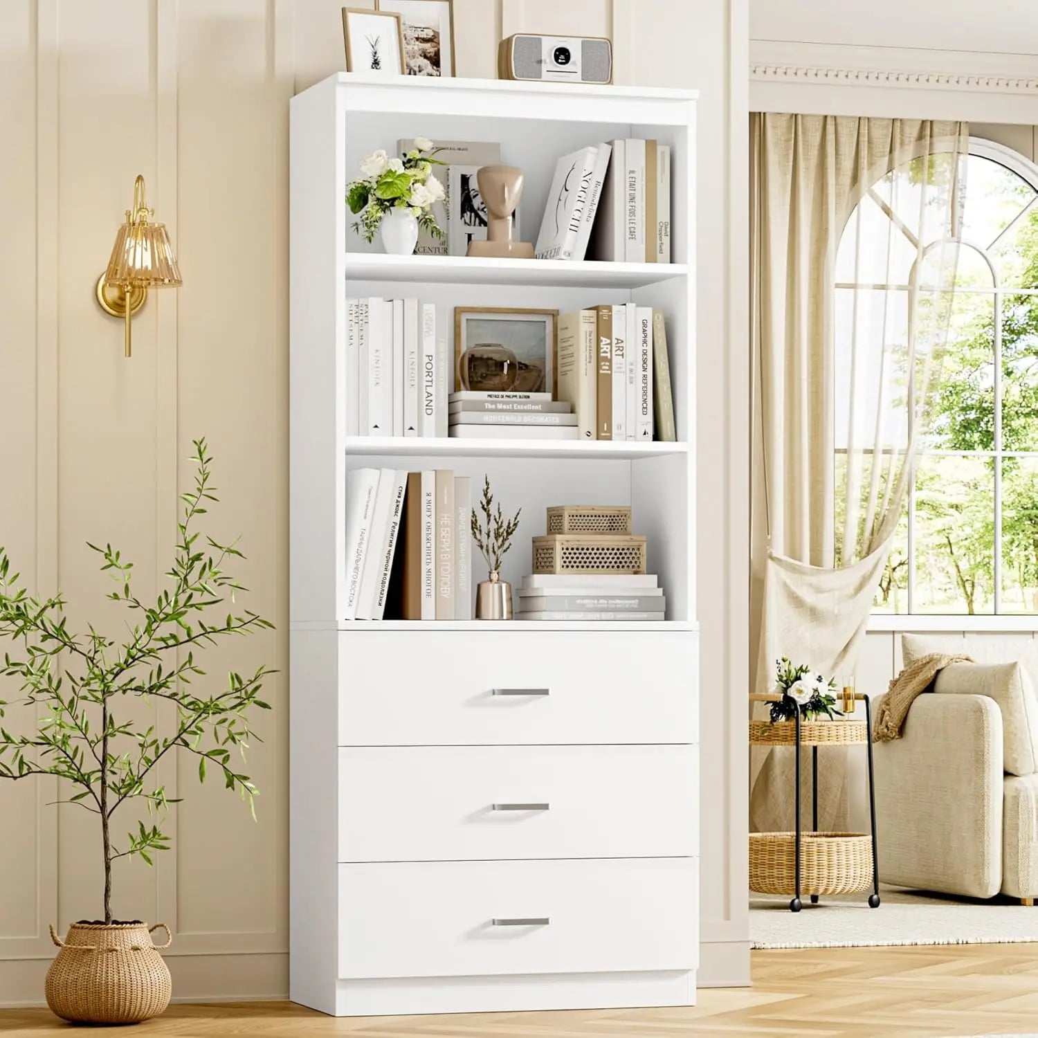 71' White 3-Tier Bookshelf with Drawers, Tall Storage Cabinet for Home Office