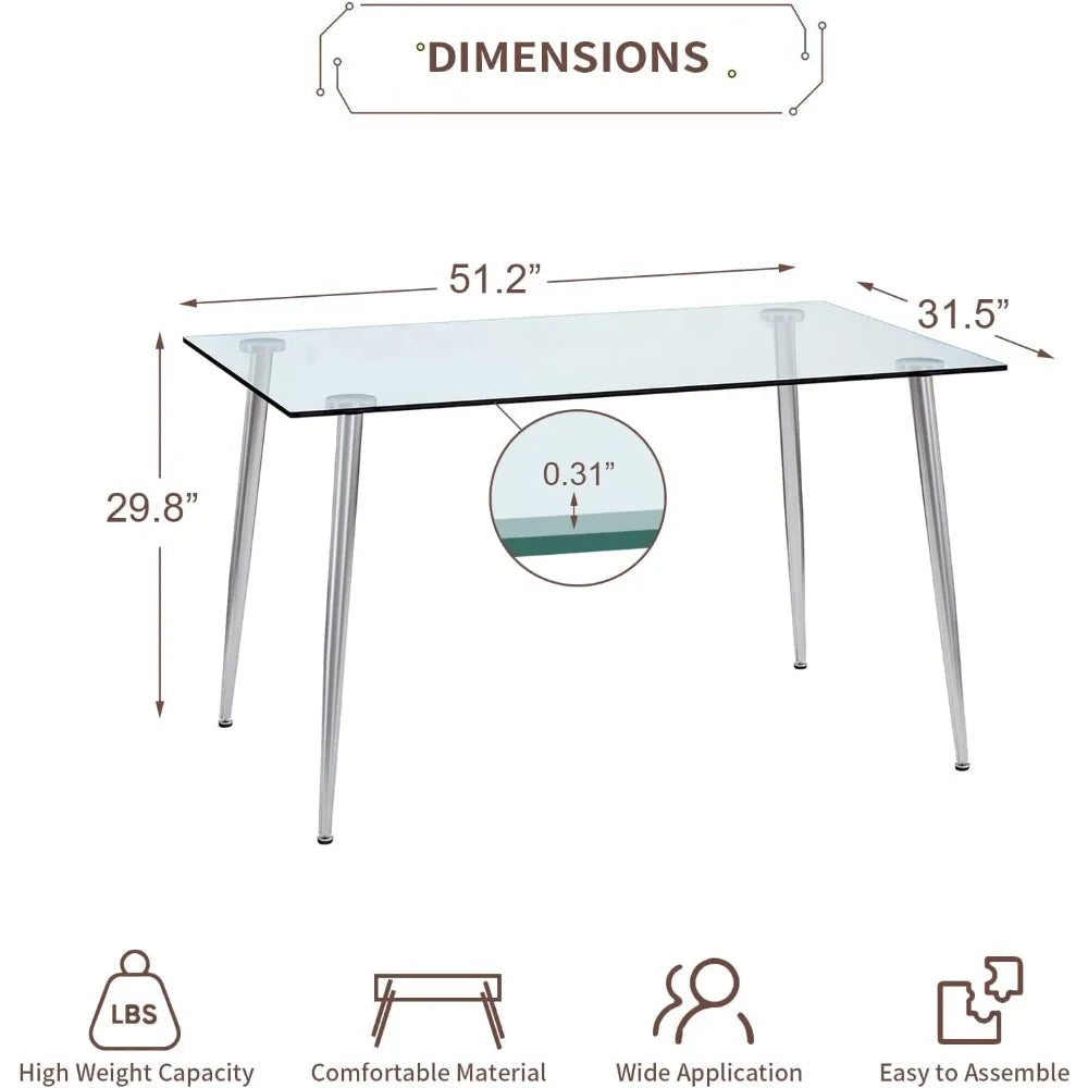 Glass Dining Table for 4 with 51 inch Clear Rectangular Glass Top, 0.31" Modern Tempered Glass Kitchen Table Furniture with 4 Si