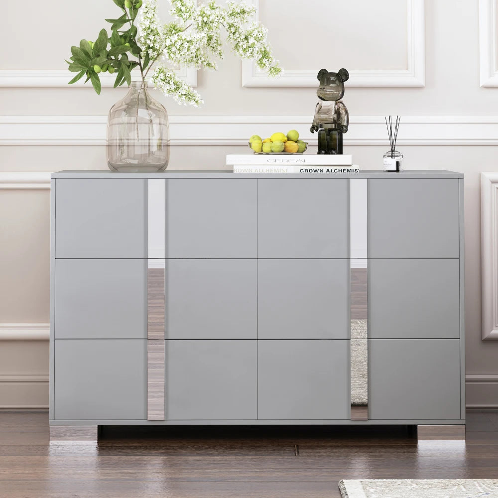 Elegant Modern Dresser with Metal Handle,Mirrored Storage Cabinet with 6 Drawers for Bedroom,Living Room,Gray