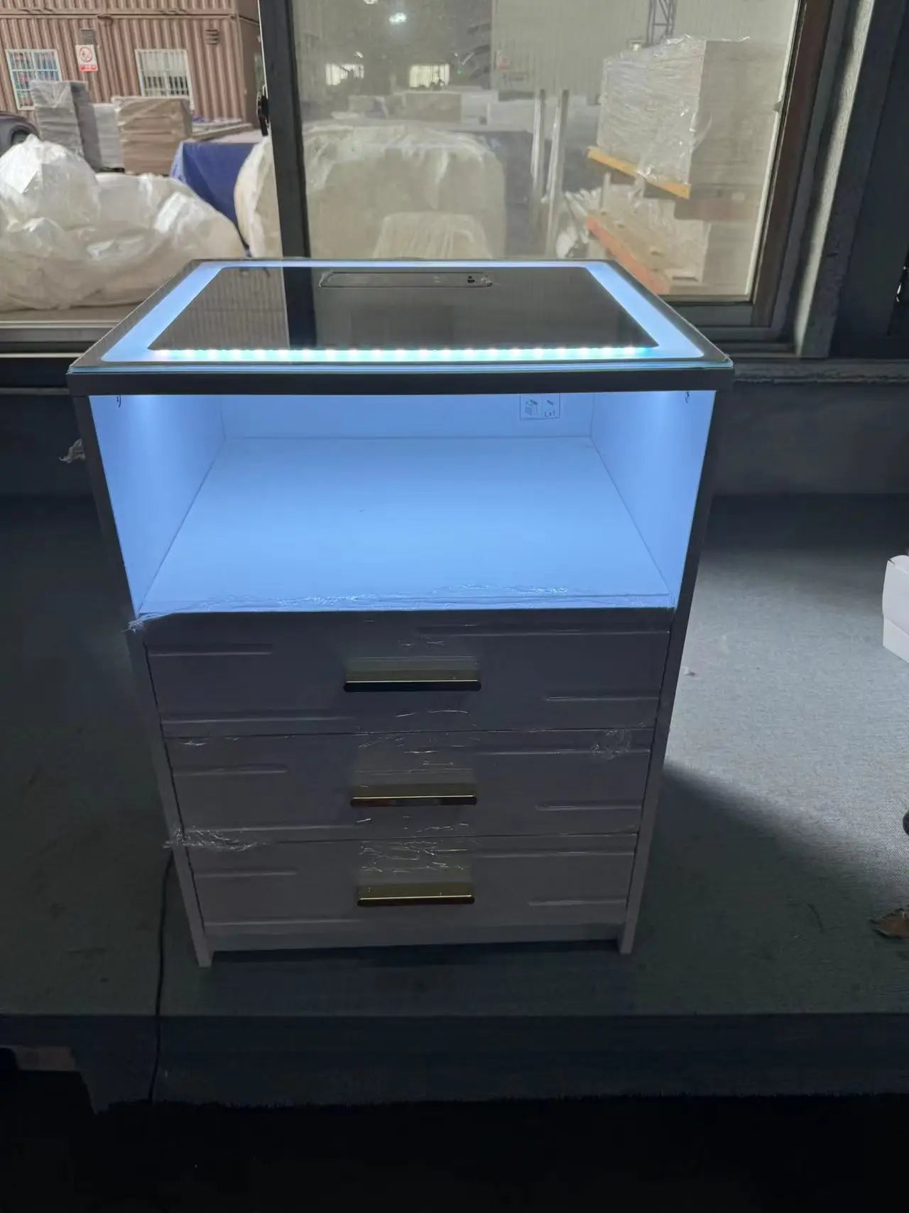 JDPAG LED Bedside Table with Charging Station, High Gloss Nightstand with 3 Drawers, 3 Color Dimmable Light Modern Smart Night