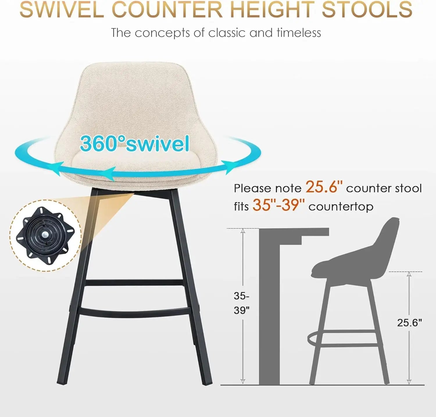 Swivel Counter-Height Bar Stools with Back – Upholstered Linen (Beige)