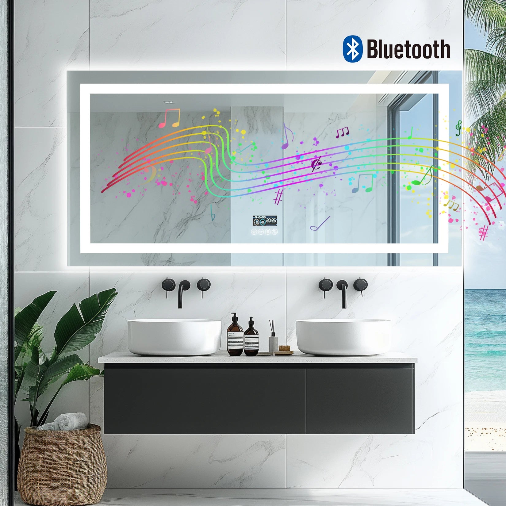 LED Bathroom Mirror with Lights Vanity Make Up Mirror Dimmable, Smart Bluetooth Digital Display 3 Colors Memory