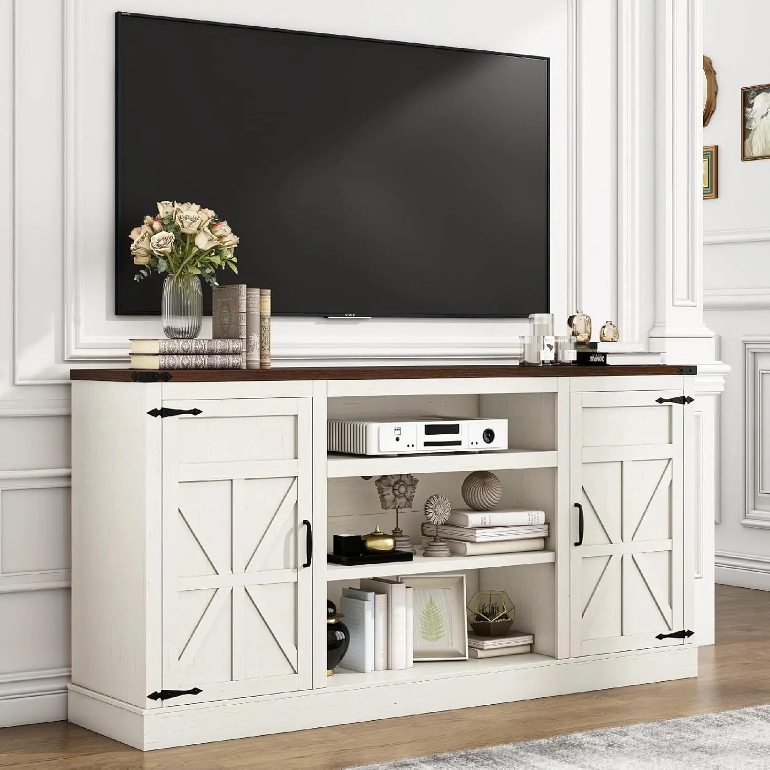 66 Inch Farmhouse TV Stand with Power Outlets for 75 Inch TVs 33 Tall Entertainment Center with Storage Cabinets Adjustable Shel