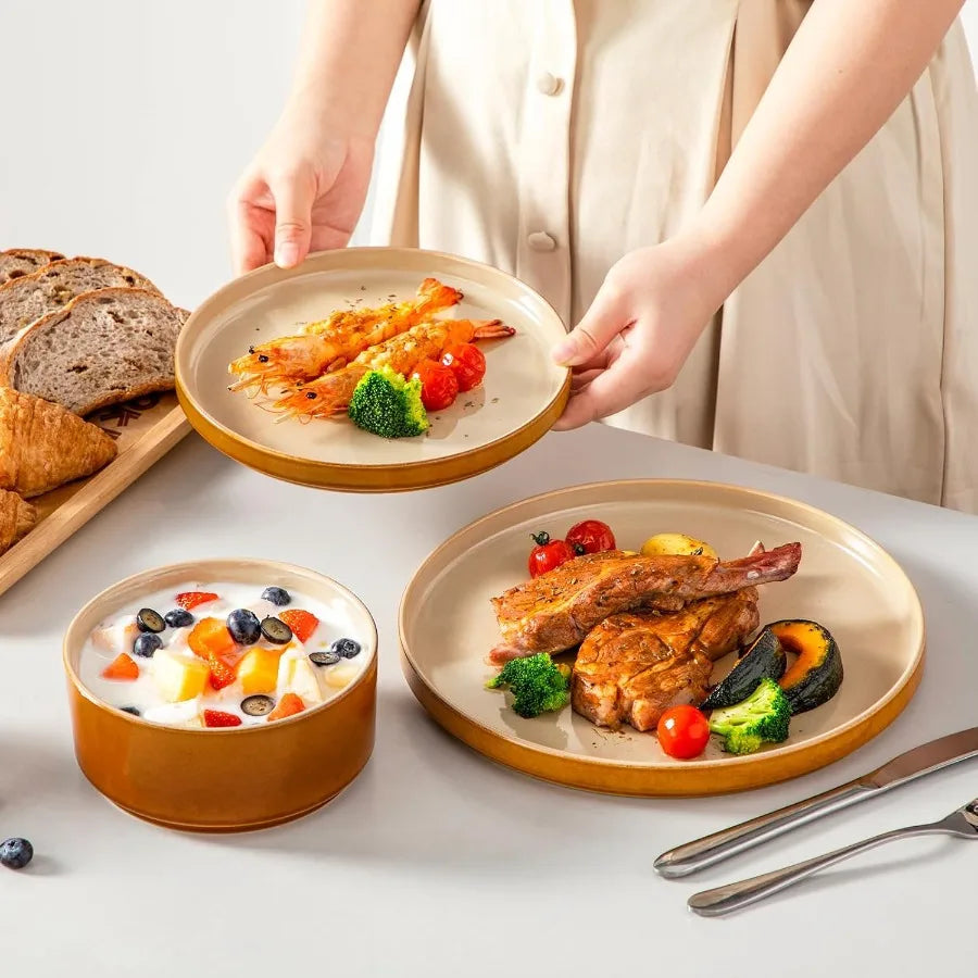Ceramic Plates and Bowls Sets, 18 Pieces Brown Dinnerware Sets for Kitchen, Reactive Glaze Dishes Set for 6, Dishwasher and Micr