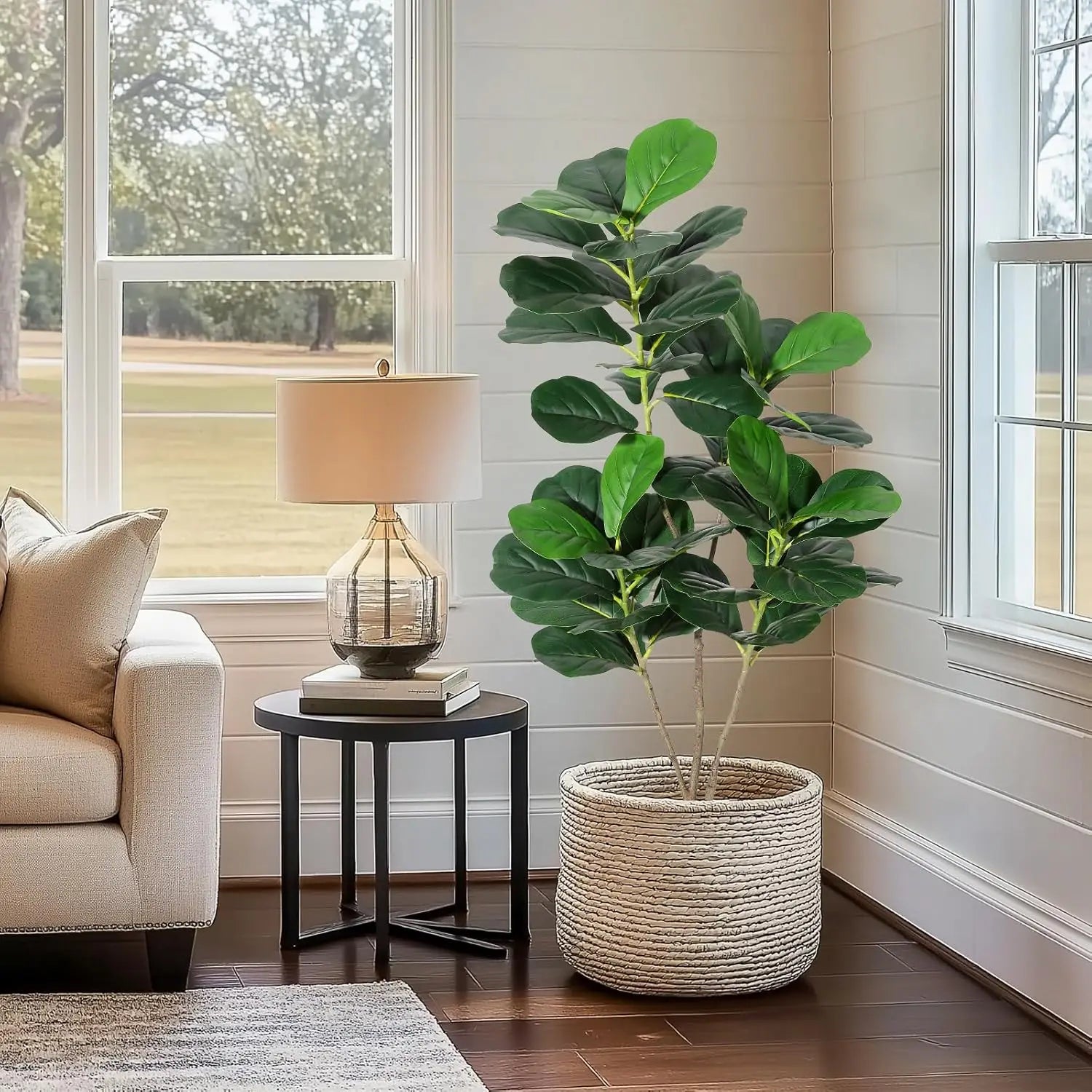 Artificial Fiddle Leaf Fig Tree Large Faux Plant Tree with Black Planter Pot Fake Potted for Indoor Outdoor Home Office Decor