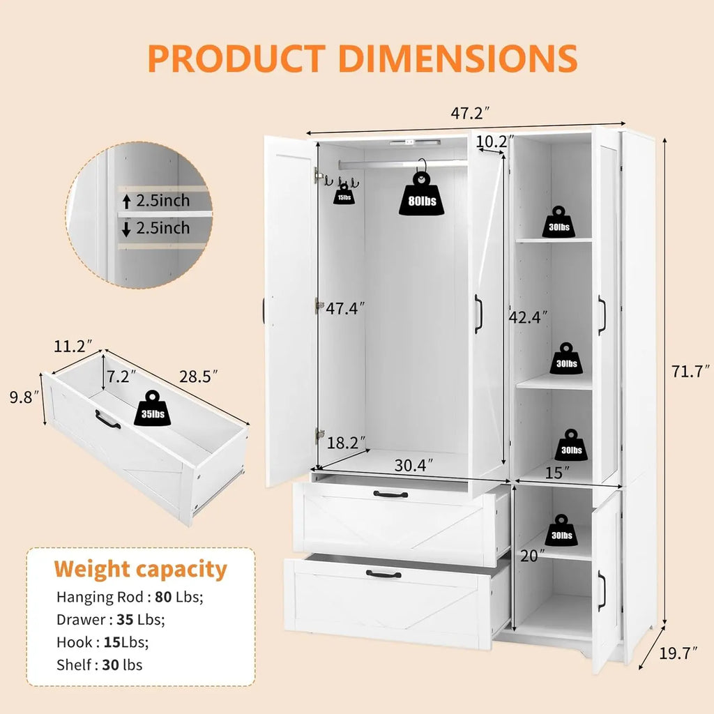 3 Door Armoire Wardrobe Closet with Mirror and LED Light – Bedroom Storage Cabinet with Drawers and Shelves