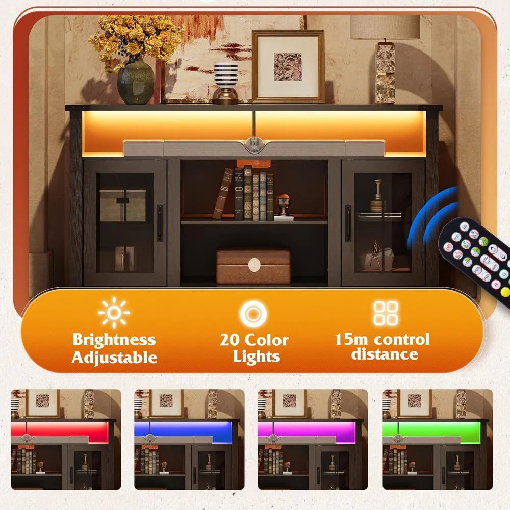 Farmhouse TV Stand for 65 Inch TV, Tall Entertainment Center with LED Lights & Storage Cabinets,