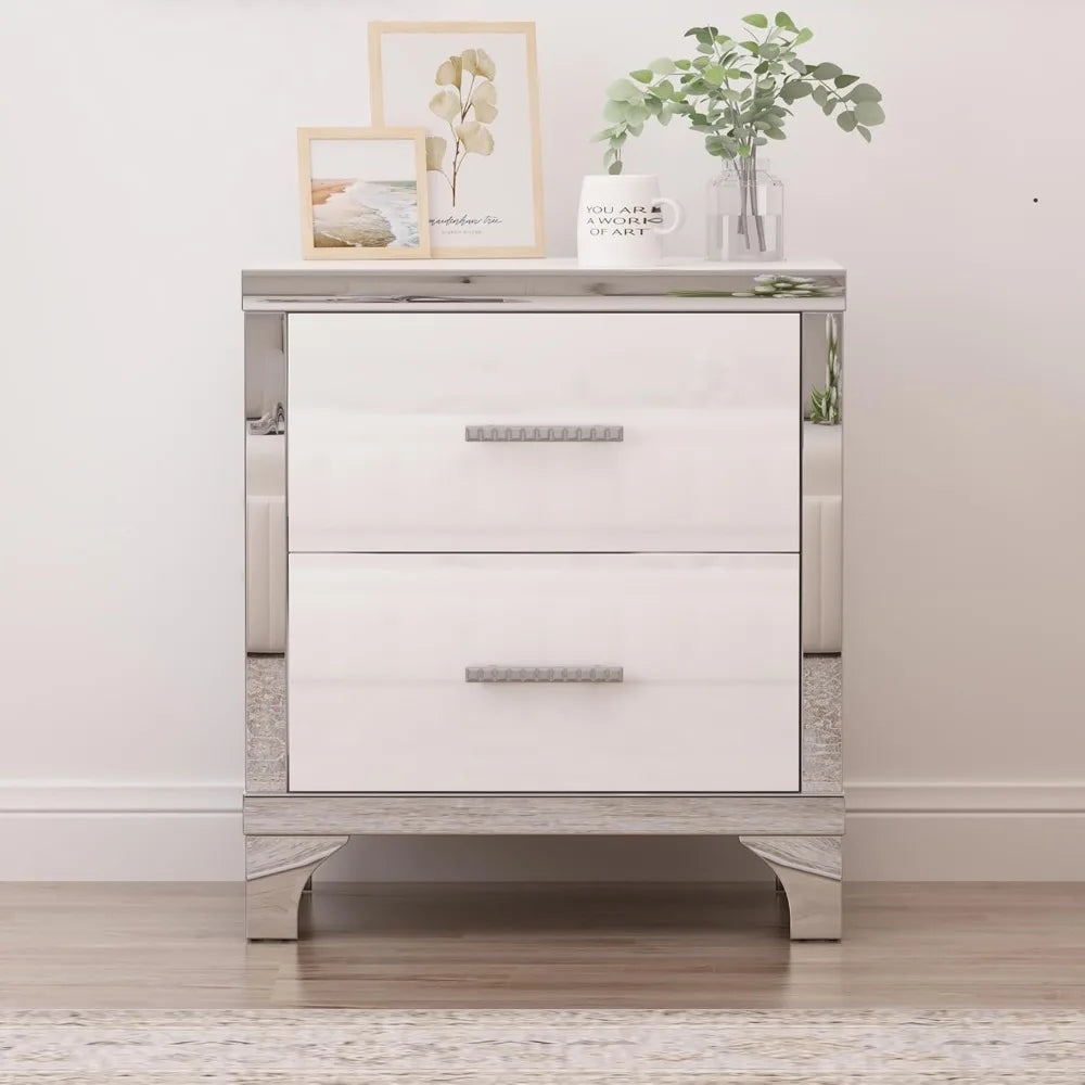 Elegant White High Gloss Nightstand with Two Drawers, Metal Handled Bedside Table for Bedroom and Living Room