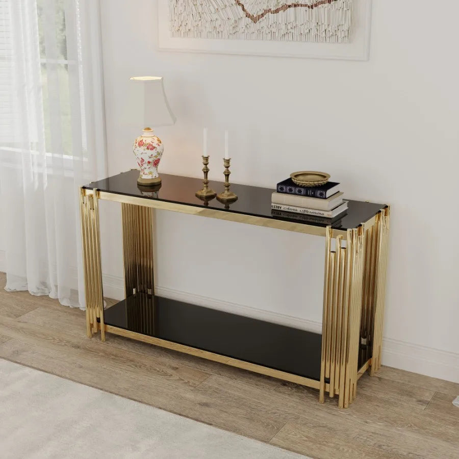 Modern Glass Console Table 55 Gold Sofa Table with Sturdy Metal Frame and Black Tempered Glass Top for Living Room Entryway Bed