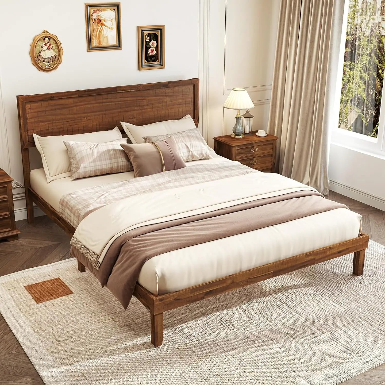 Wood Queen Size Platform Bed Frame – Mid-Century Modern with Headboard & Solid Wood Legs