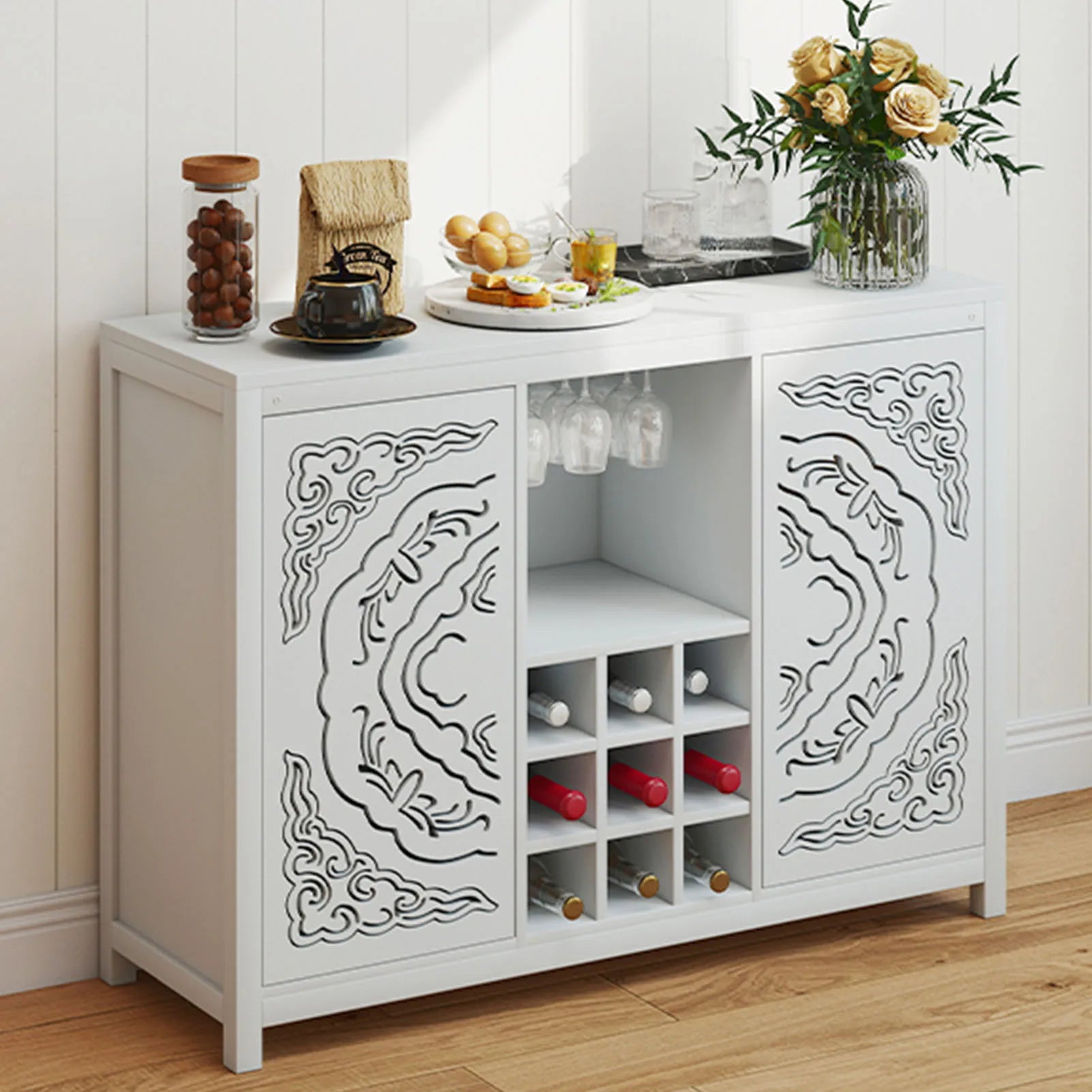 Wine Bar Cabinet with 2 Doors – Buffet Liquor Storage Cabinet with Glass Holder & Wine Rack