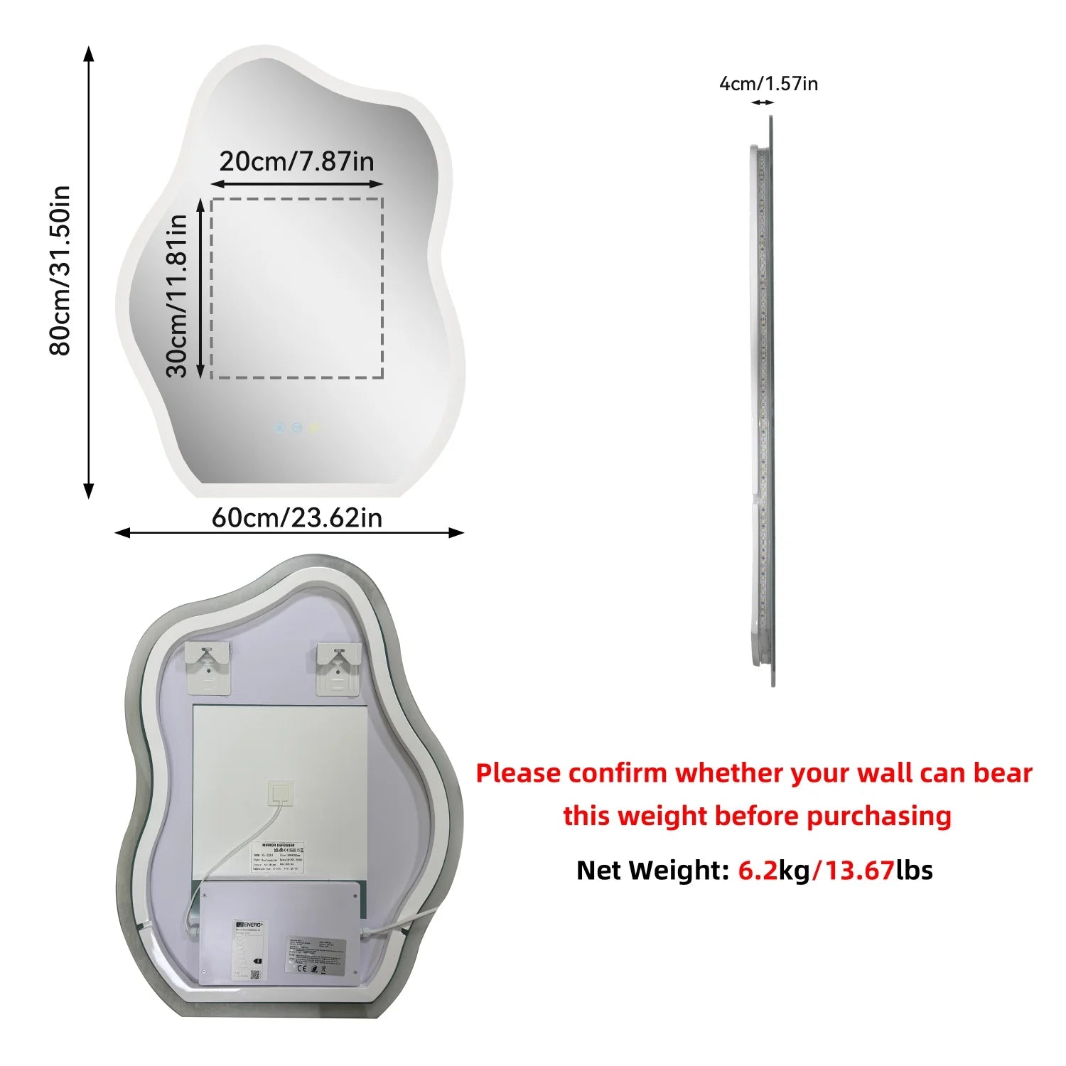 600x80CM Irregular LED Bathroom Mirror Backlit Makeup Vanity Mirror for Wall Bathrooms Dimmable Fast Defogging Ultra Bright