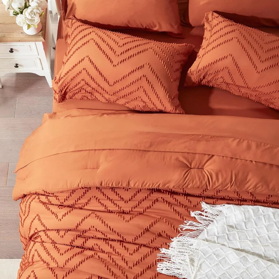 King Bed in a Bag 7 Pieces Burnt Orange Tufted Comforter Set with Comforter Pillow Shams Pillowcases Flat Sheet Fitted Sheet