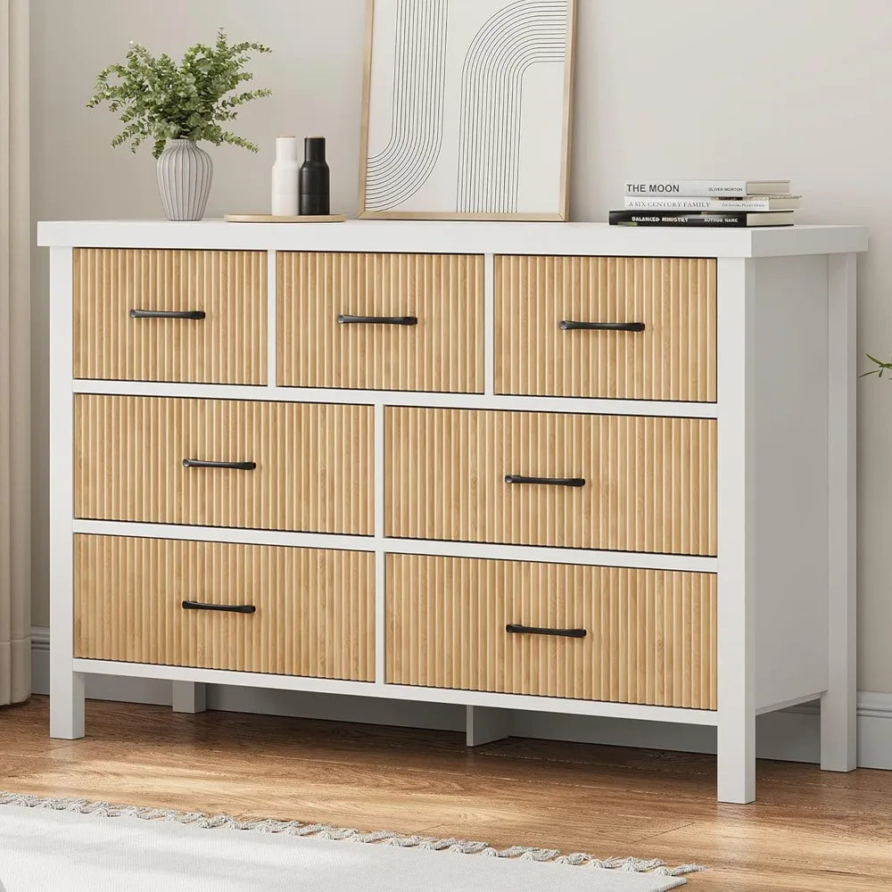 7 Drawer Dresser for Bedroom, Modern Fluted Dresser with Solid Wood Legs, Long Double Wooden Dresser Large Chest