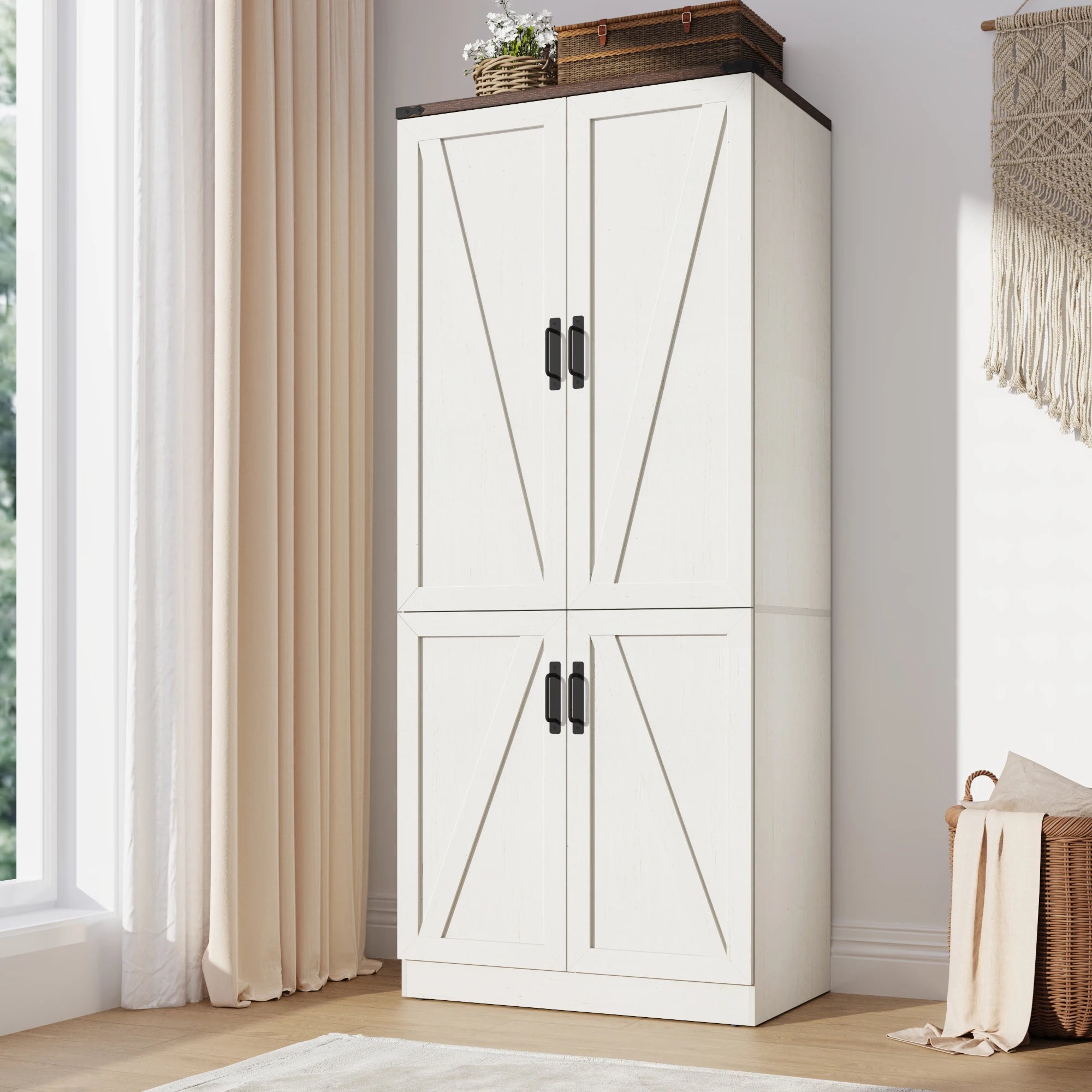 75" Tall Farmhouse 2 Doors Armoire Wardrobe Closet with LED, Freestanding Closet Wardrobe Cabinet for Bedroom